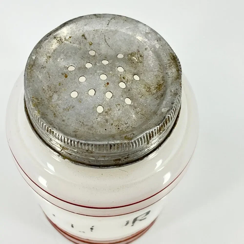 1940s Hazel Atlas Red Stripe Platonite Beehive Flour Shaker Milk Glass 4.5” TH9